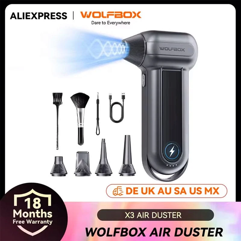WOLFBOX MF100 150000 Soprador de ar recarregável de longa duração com espanador de ar elétrico super potente RPM